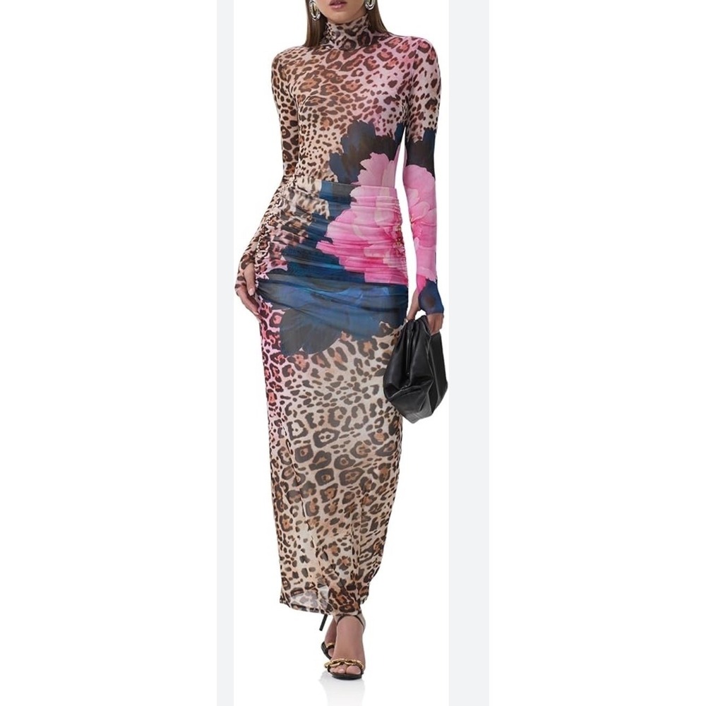 AFRM Shailene Mesh Dress Leopard Floral Print Long Sleeve Small Edgy Sheer Body - Picture 16 of 16